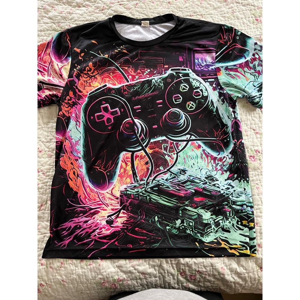 Unbranded Gamer T-Shirt Neon Controller All Over Print Mens Large Cyberpunk Tee - Picture 3 of 6
